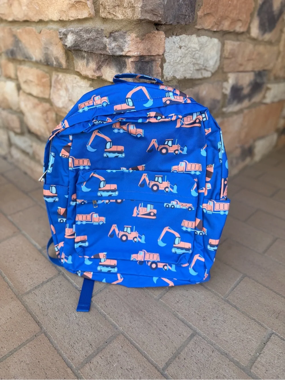 Blue Kids Backpack with Orange Construction Trucks